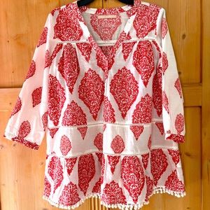 ☀️Red & white print tunic/dress w/ tassels